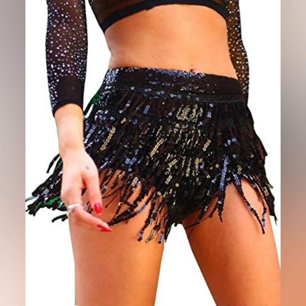 Black Sequin Fringe Shorts